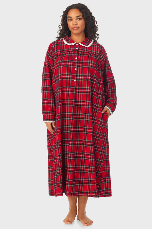 A lady weraing red Tartan Peter Pan Flannel Gown Plus