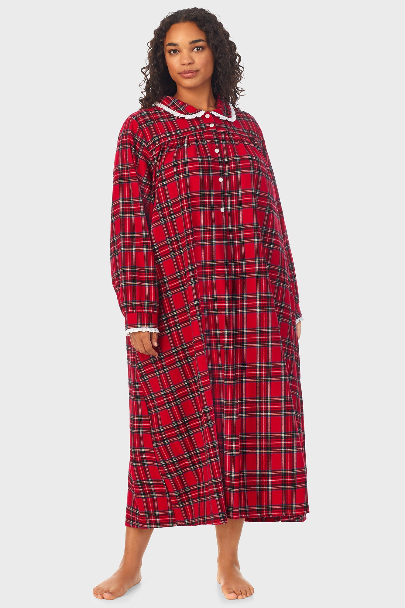 A lady weraing red Tartan Peter Pan Flannel Gown Plus