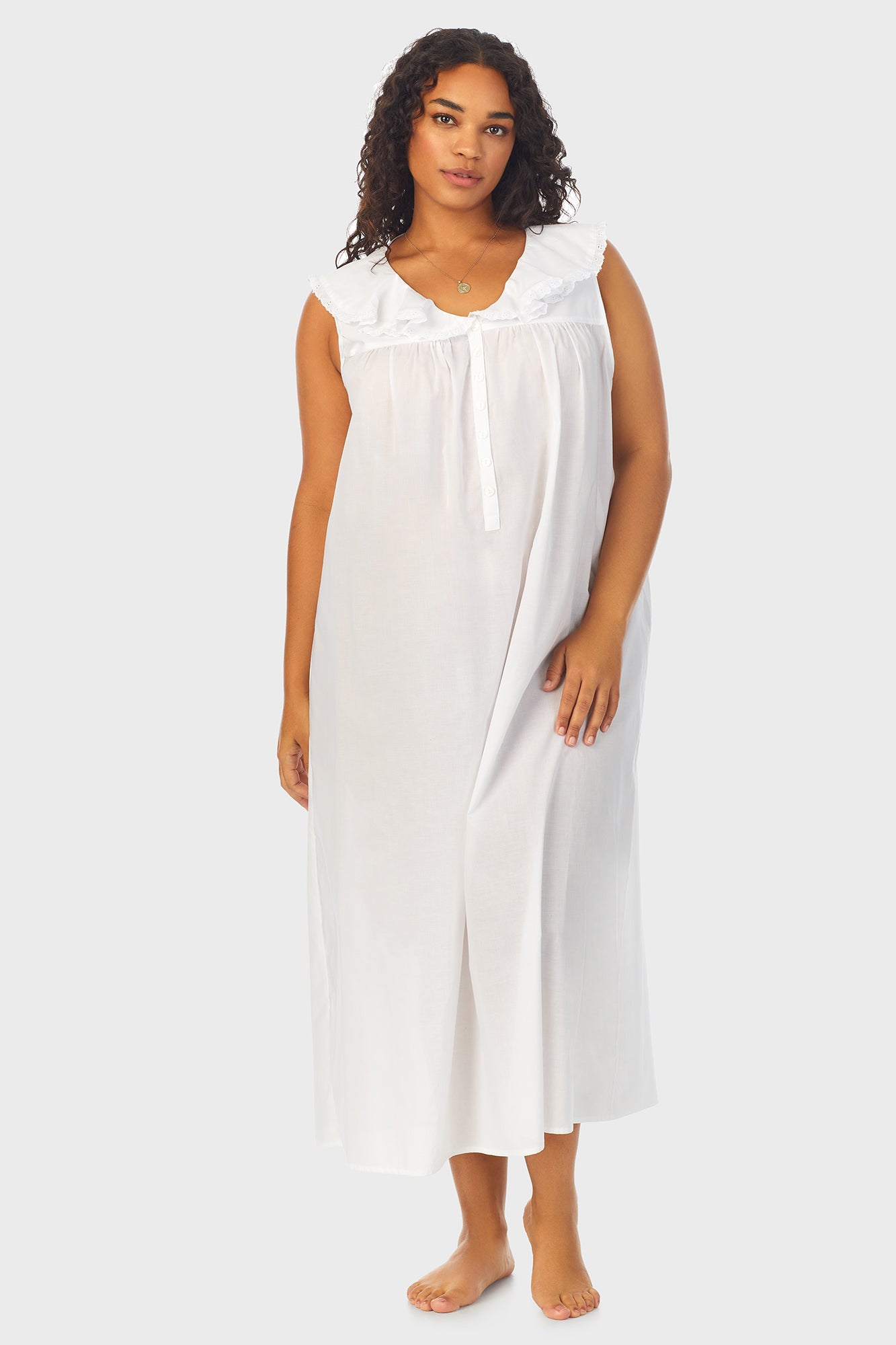 A lady wearing White Cotton Dream Long Nightgown Plus