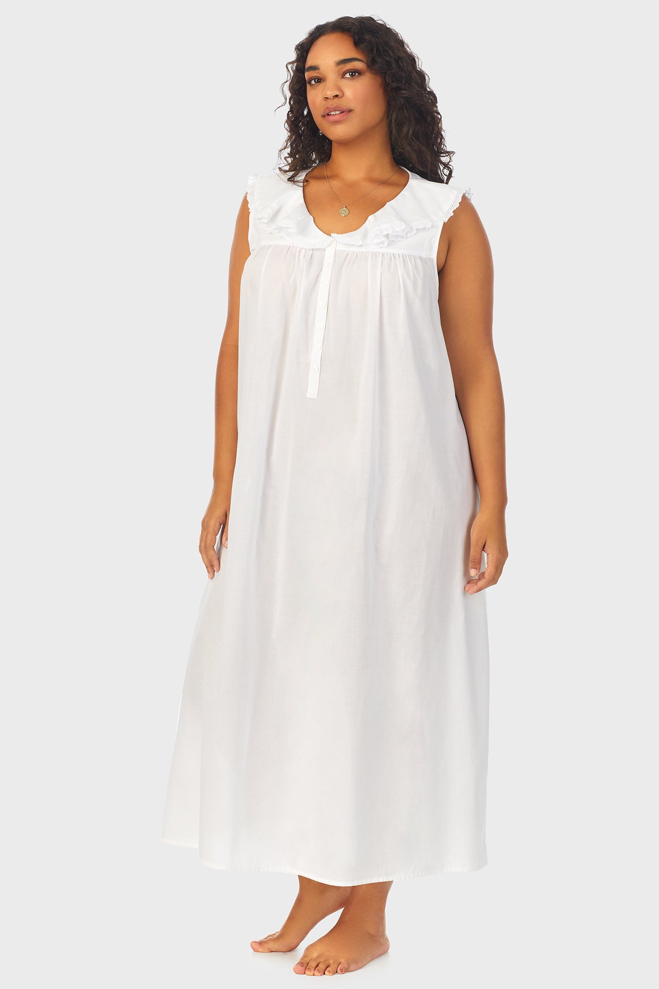 A lady wearing White Cotton Dream Long Nightgown Plus