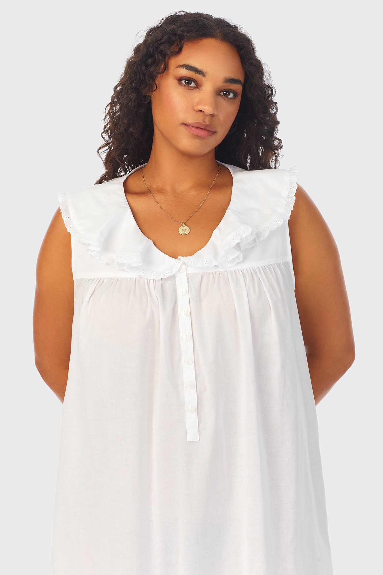 A lady wearing White Cotton Dream Long Nightgown Plus