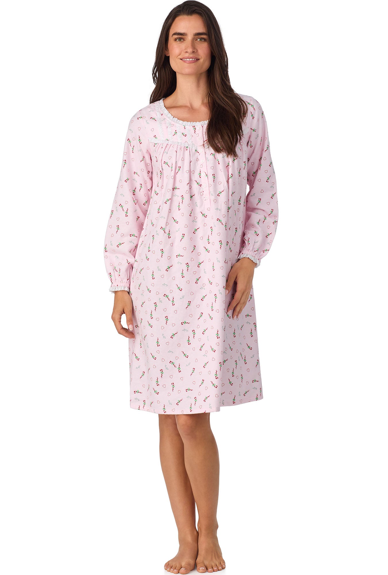 A lady wearing Candy Canes Waltz Flannel Gown