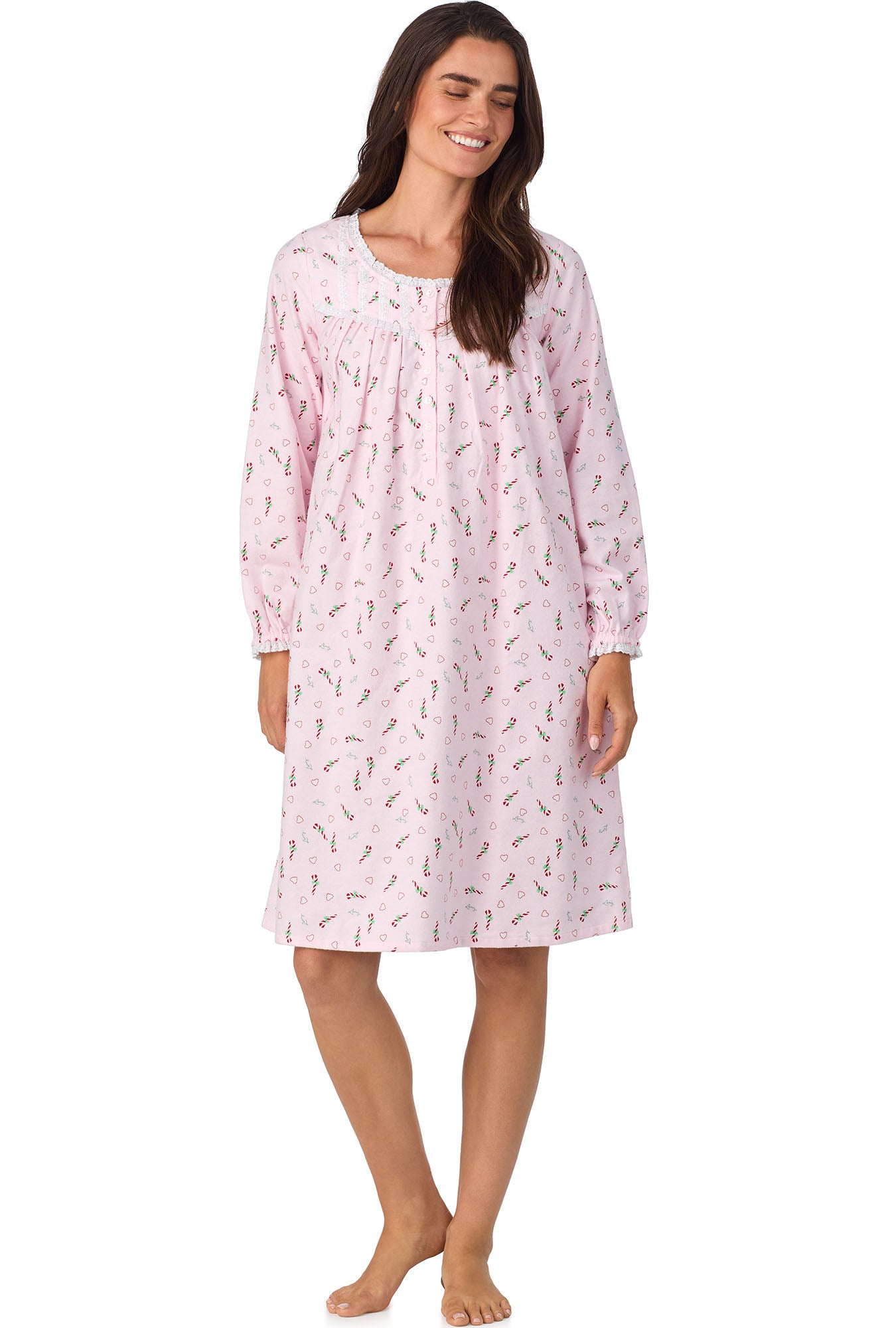 A lady wearing Candy Canes Waltz Flannel Gown
