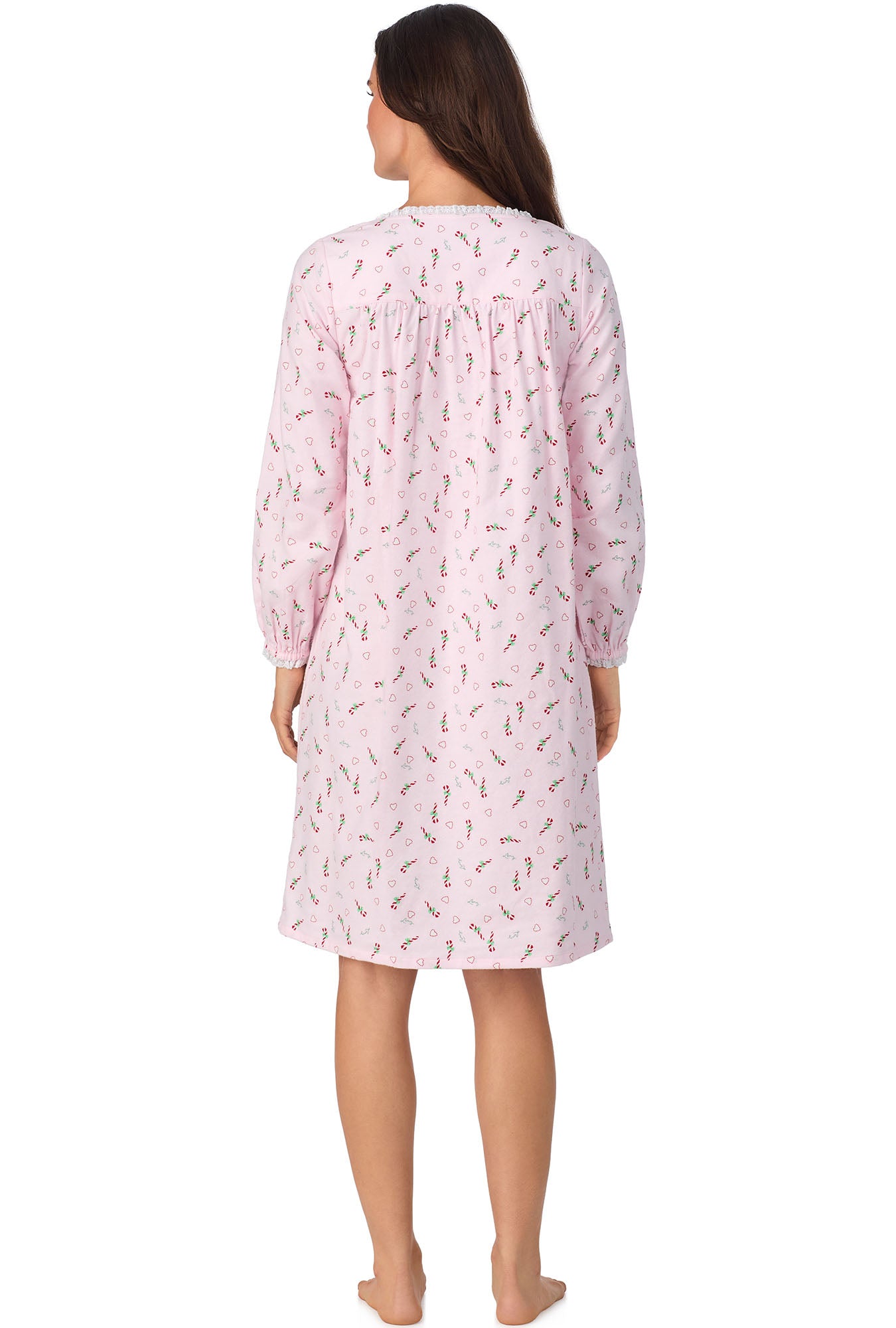 A lady wearing Candy Canes Waltz Flannel Gown