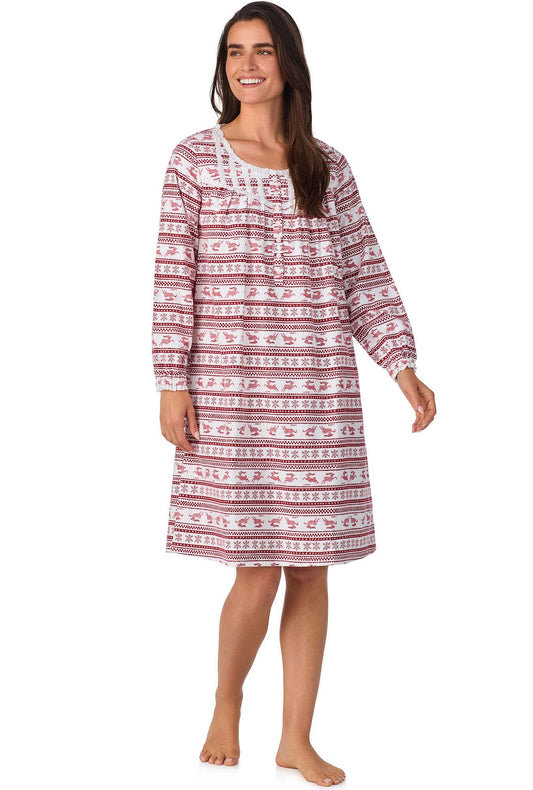 A lady wearing Red Fair Isle Waltz Flannel Gown