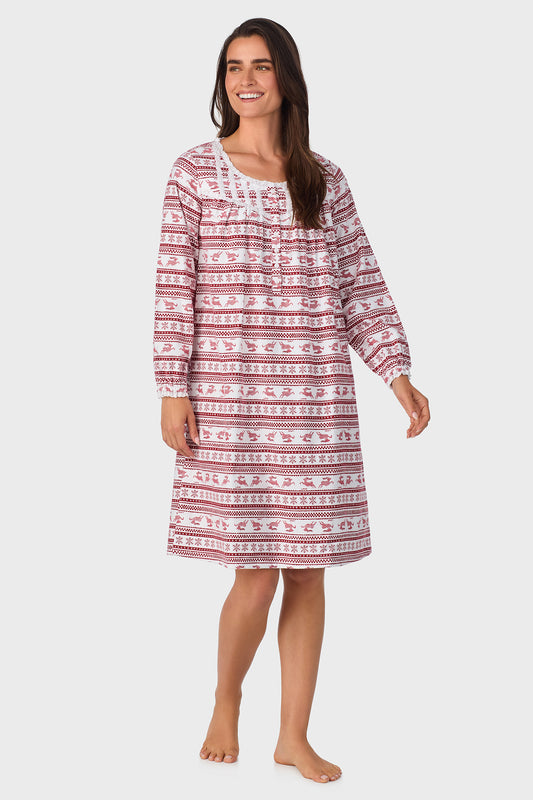 Red Fair Isle 100% Cotton Brushed Flannel Long Sleeve Waltz Gown