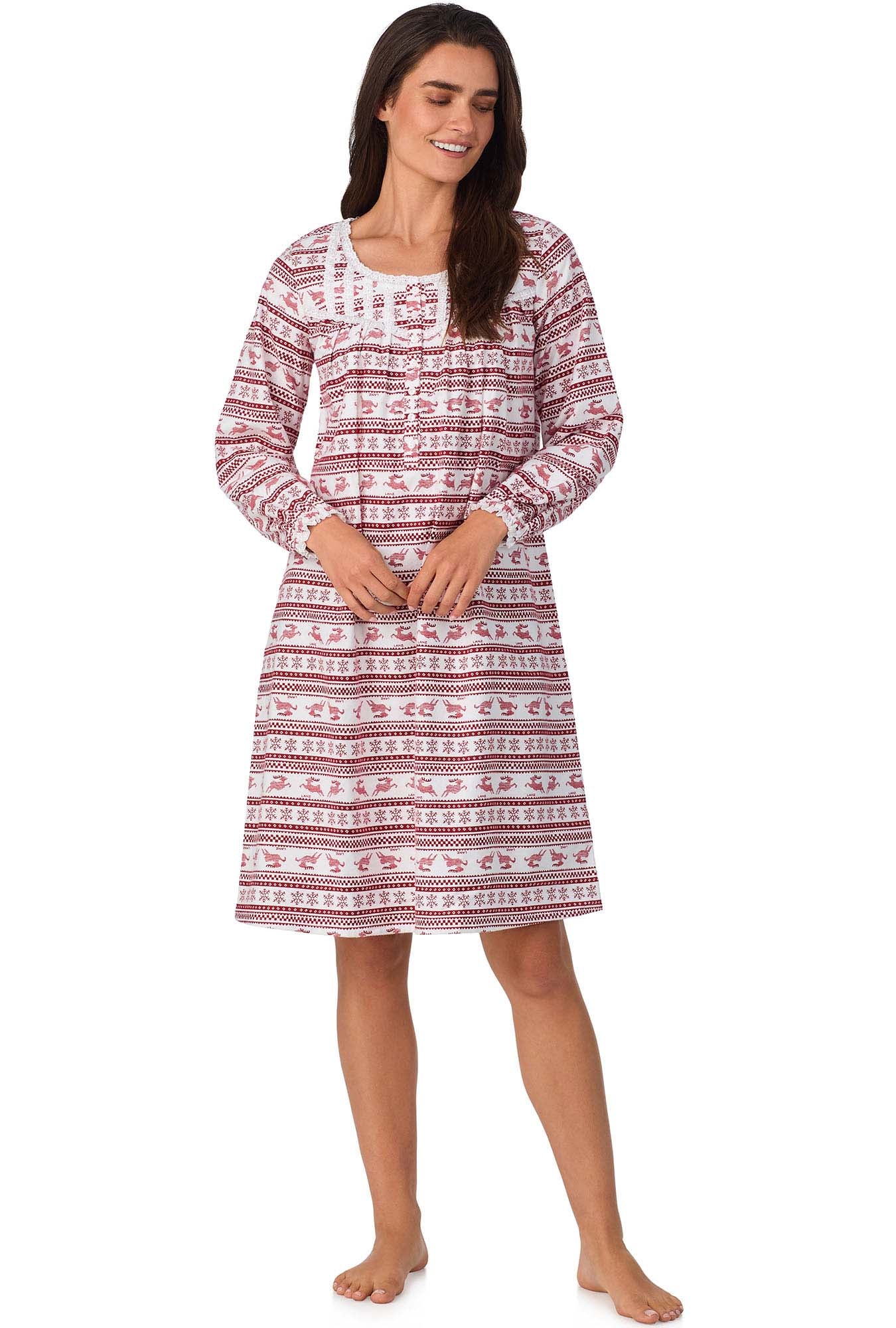 A lady wearing Red Fair Isle Waltz Flannel Gown