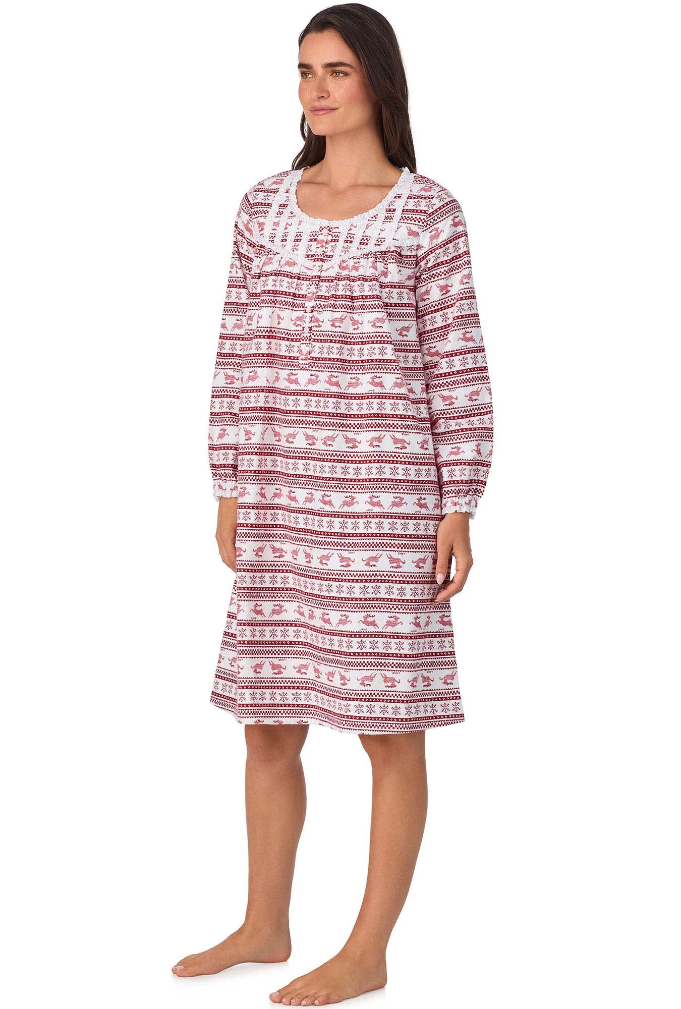 A lady wearing Red Fair Isle Waltz Flannel Gown