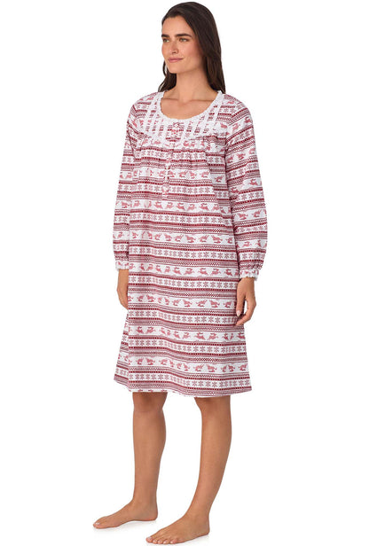 A lady wearing Red Fair Isle Waltz Flannel Gown