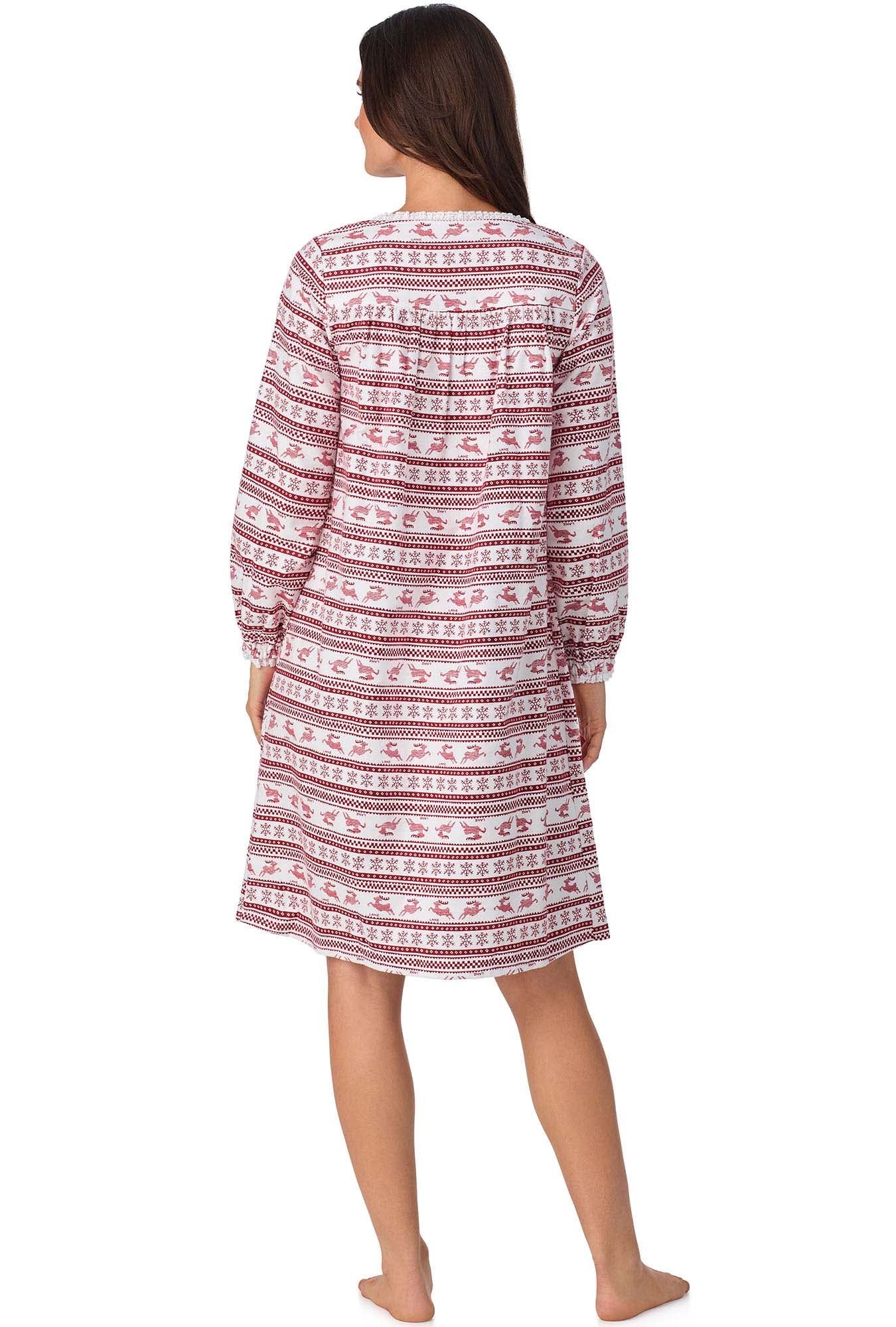 A lady wearing Red Fair Isle Waltz Flannel Gown