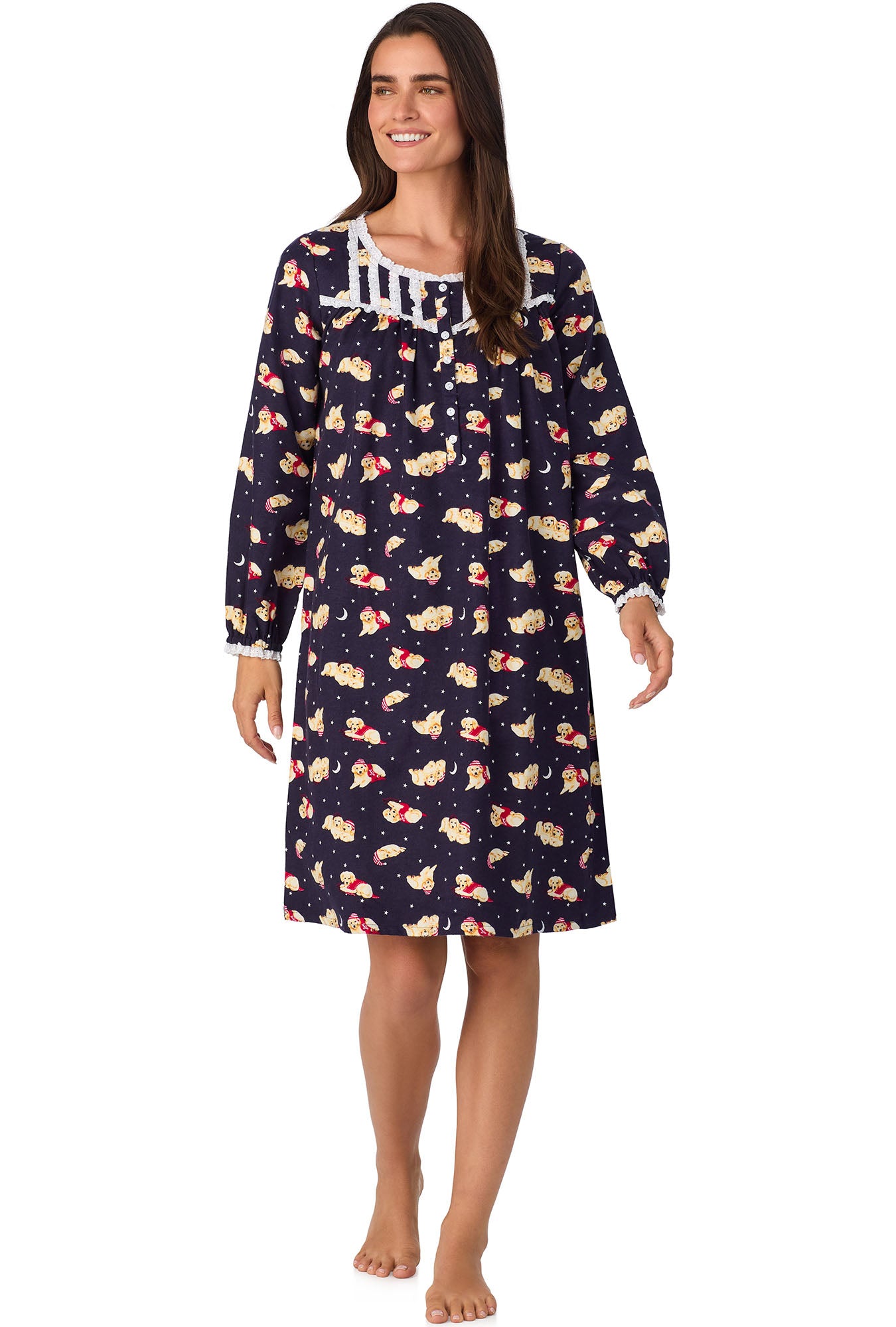 A lady wearing Cuddly Labs Waltz Flannel Gown