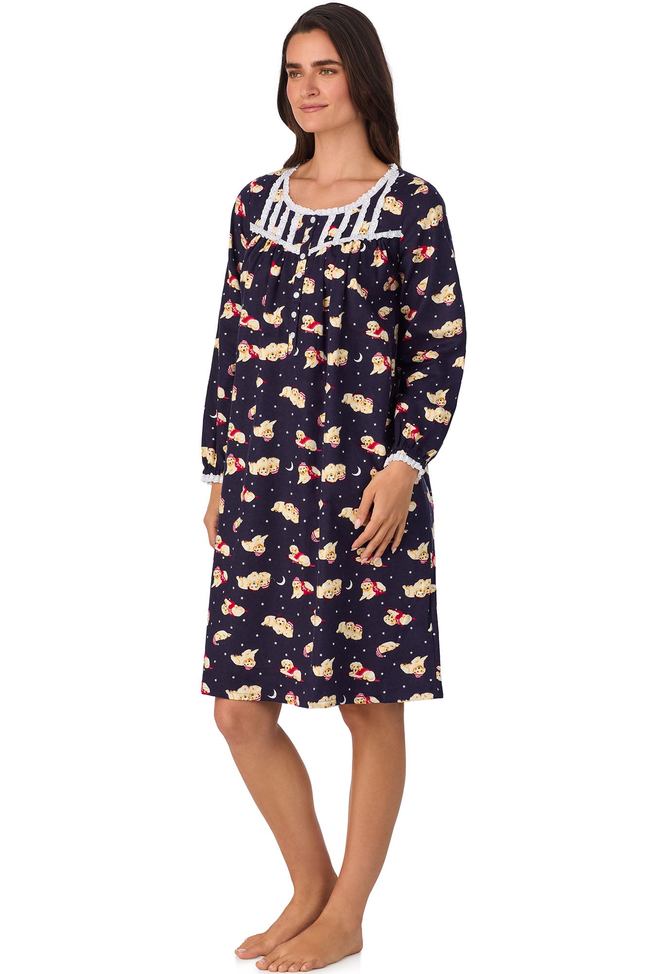 A lady wearing Cuddly Labs Waltz Flannel Gown