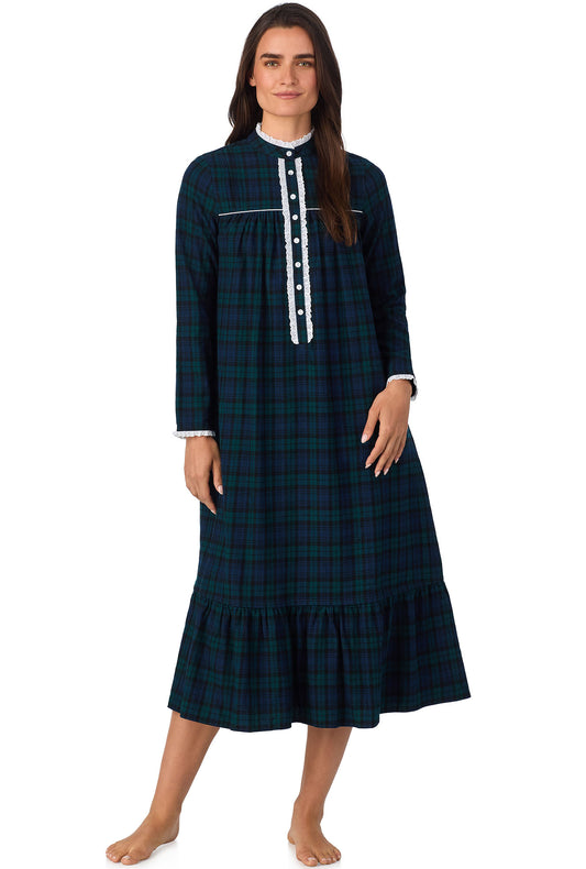 A lady wearing Black Watch Plaid L Highneck Flannel Gown