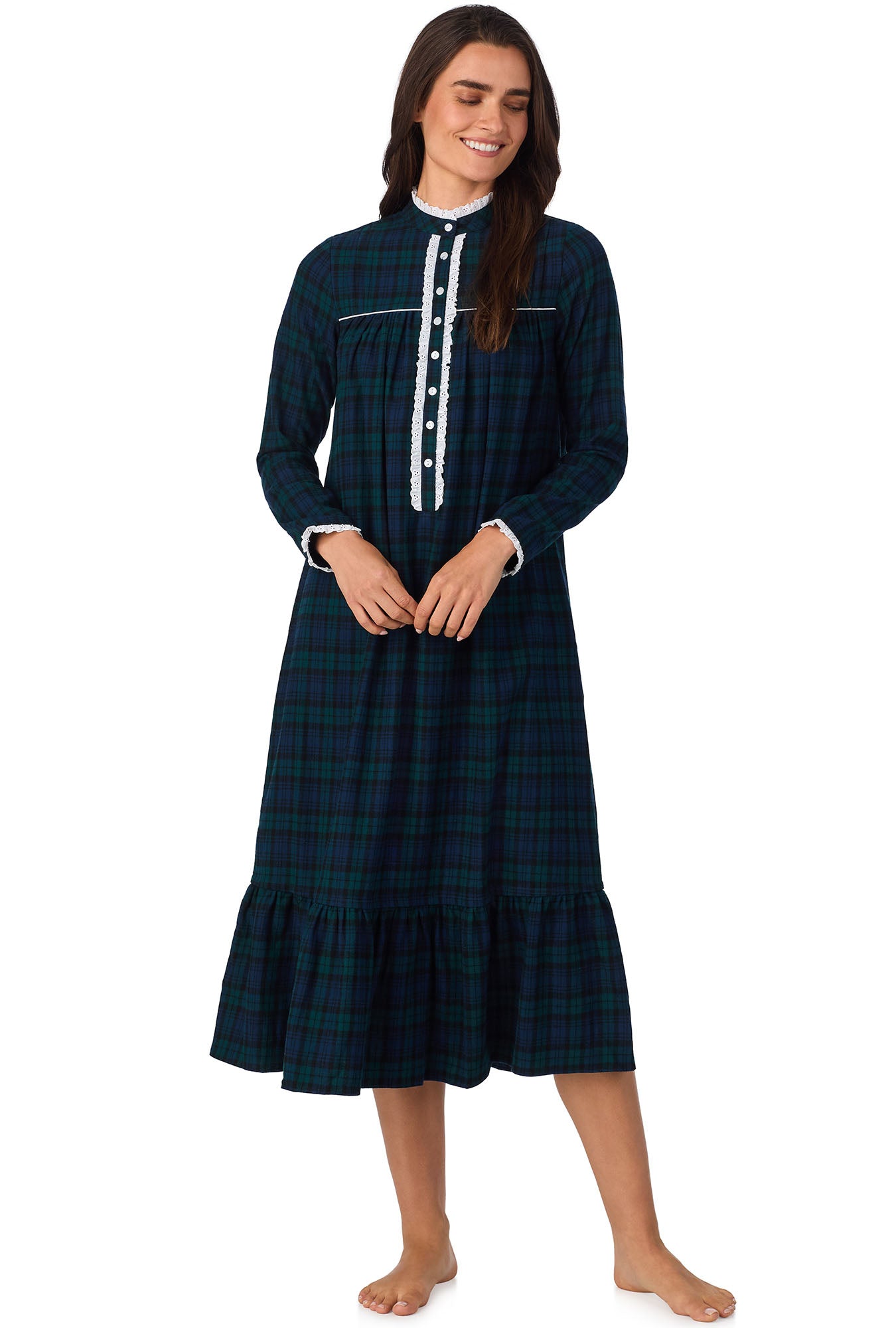 A lady wearing Black Watch Plaid L Highneck Flannel Gown