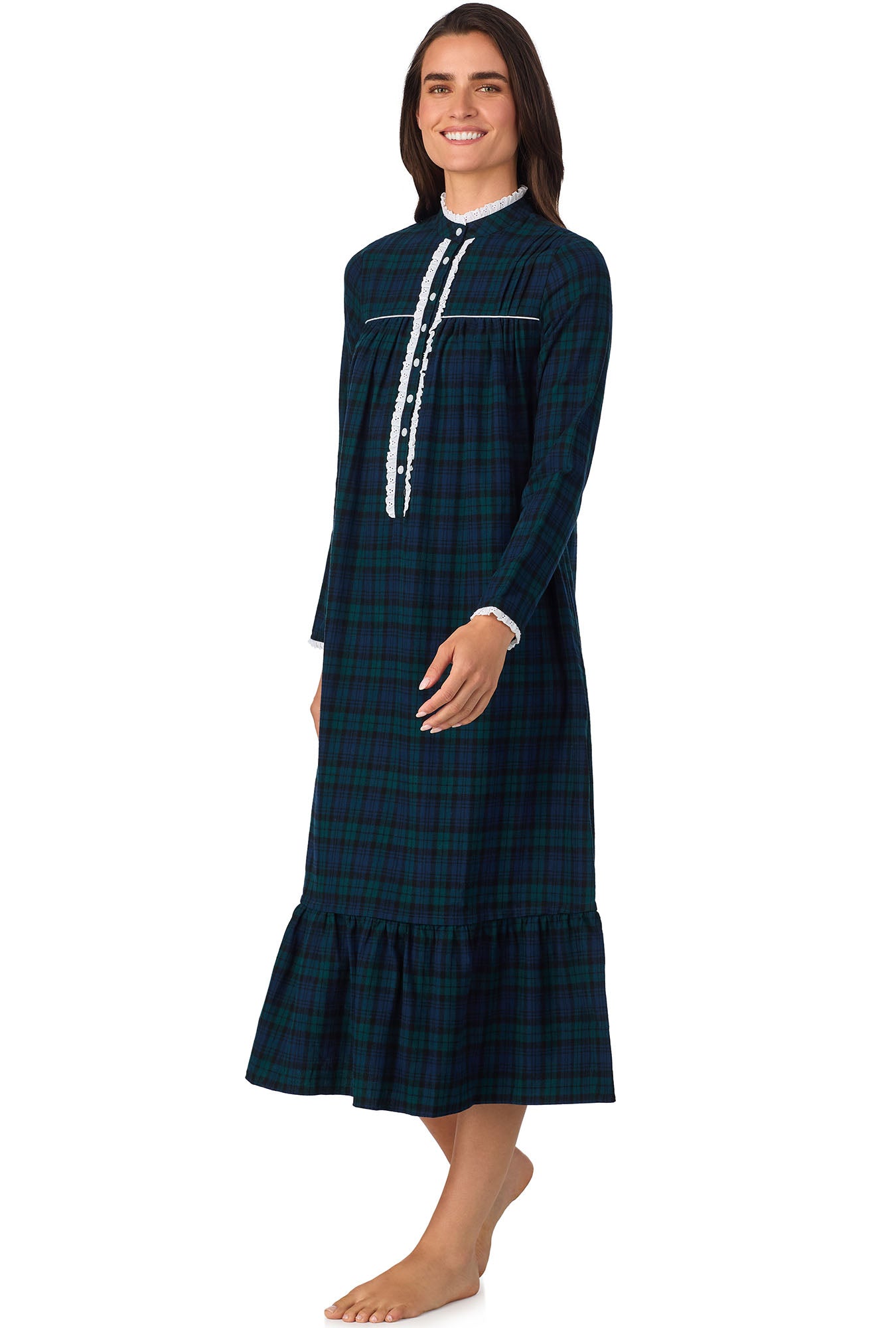 A lady wearing Black Watch Plaid L Highneck Flannel Gown