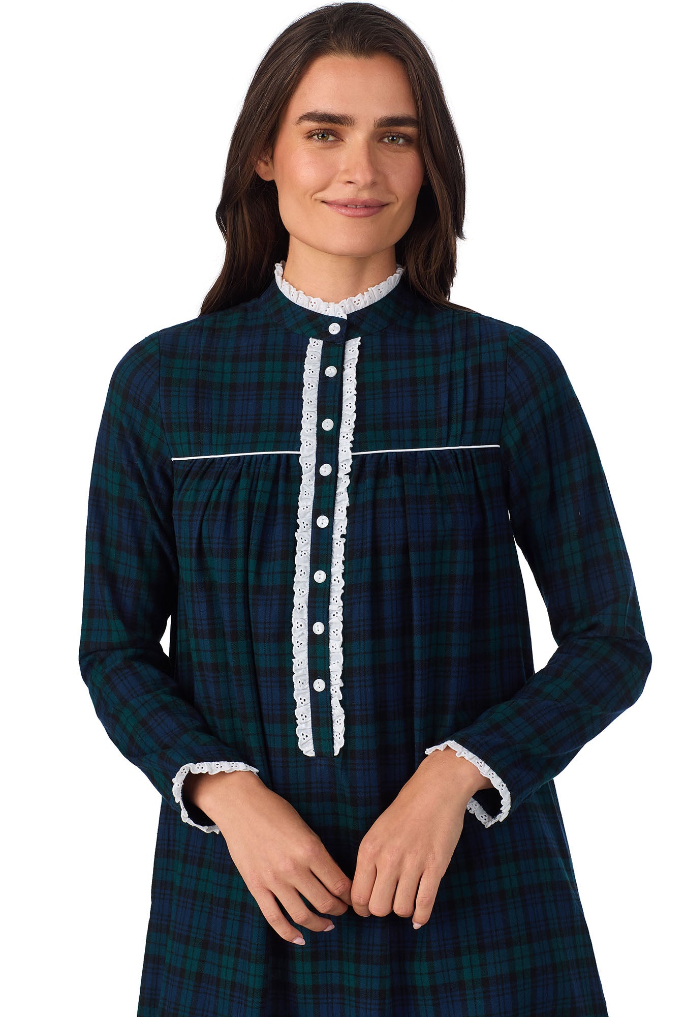 A lady wearing Black Watch Plaid L Highneck Flannel Gown