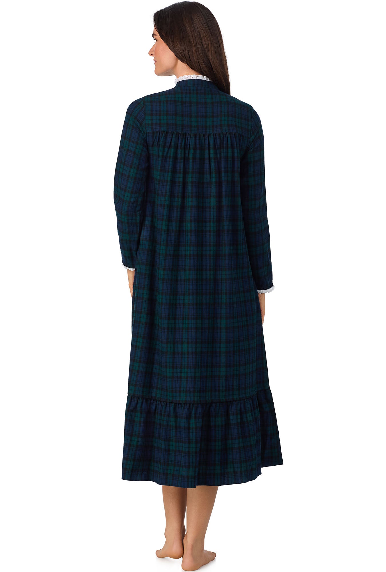 A lady wearing Black Watch Plaid L Highneck Flannel Gown