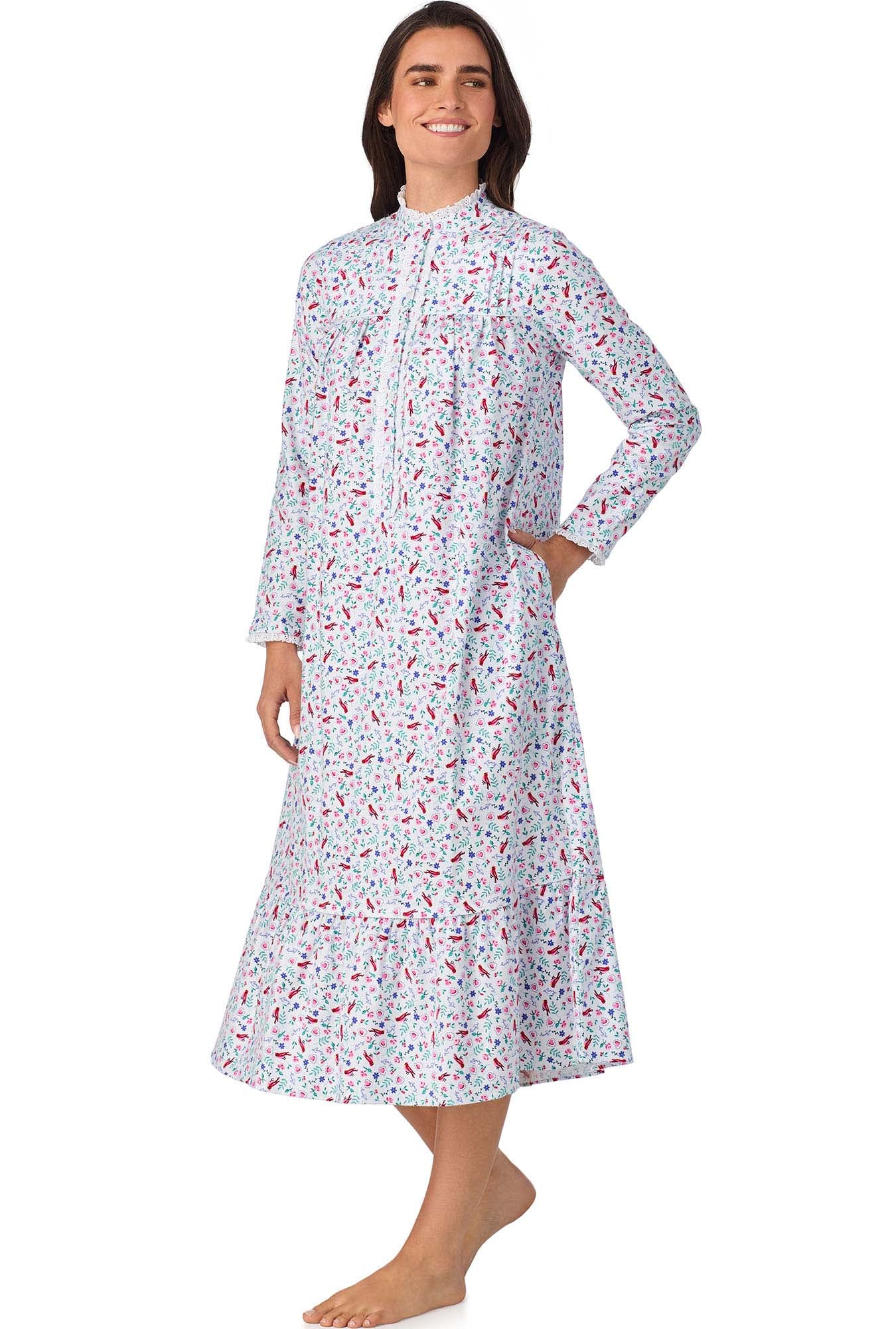A lady wearing New Cardinal Highneck Flannel Gown