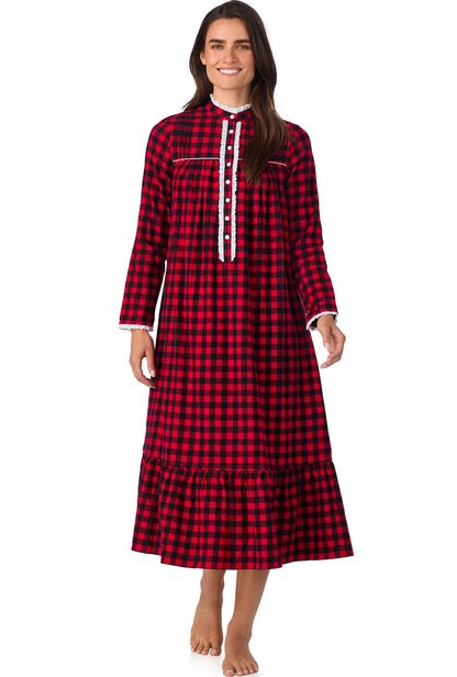 A lady wearing Buffalo Check Highneck Flannel Gown