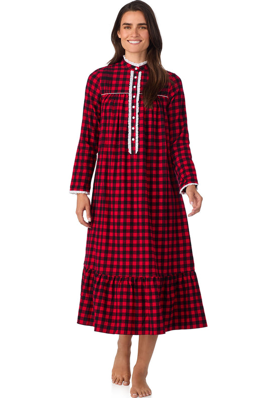 A lady wearing Buffalo Check Highneck Flannel Gown