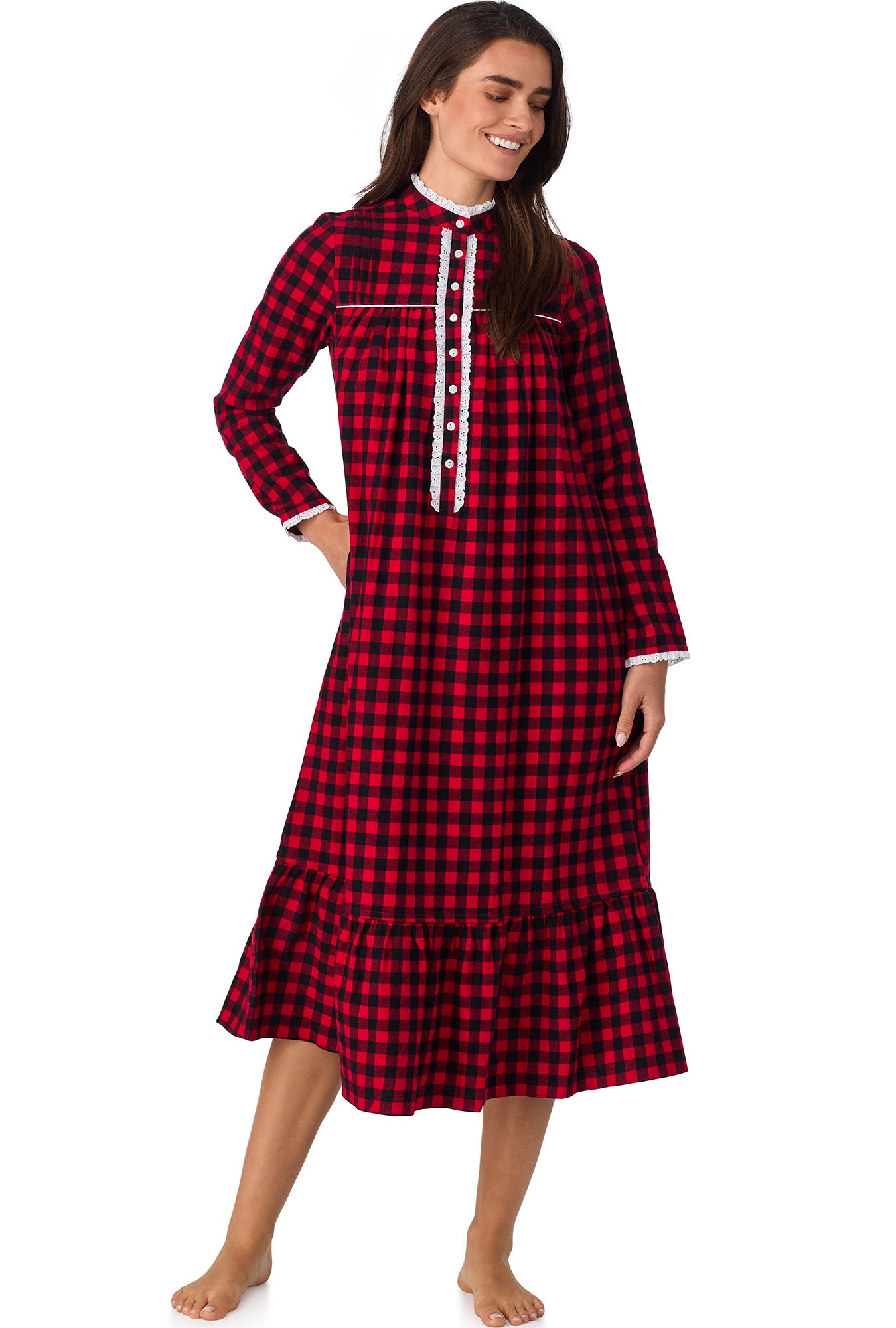 A lady wearing Buffalo Check Highneck Flannel Gown