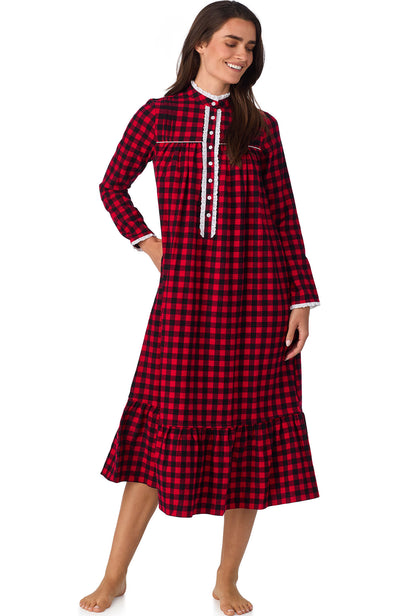 A lady wearing Buffalo Check Highneck Flannel Gown