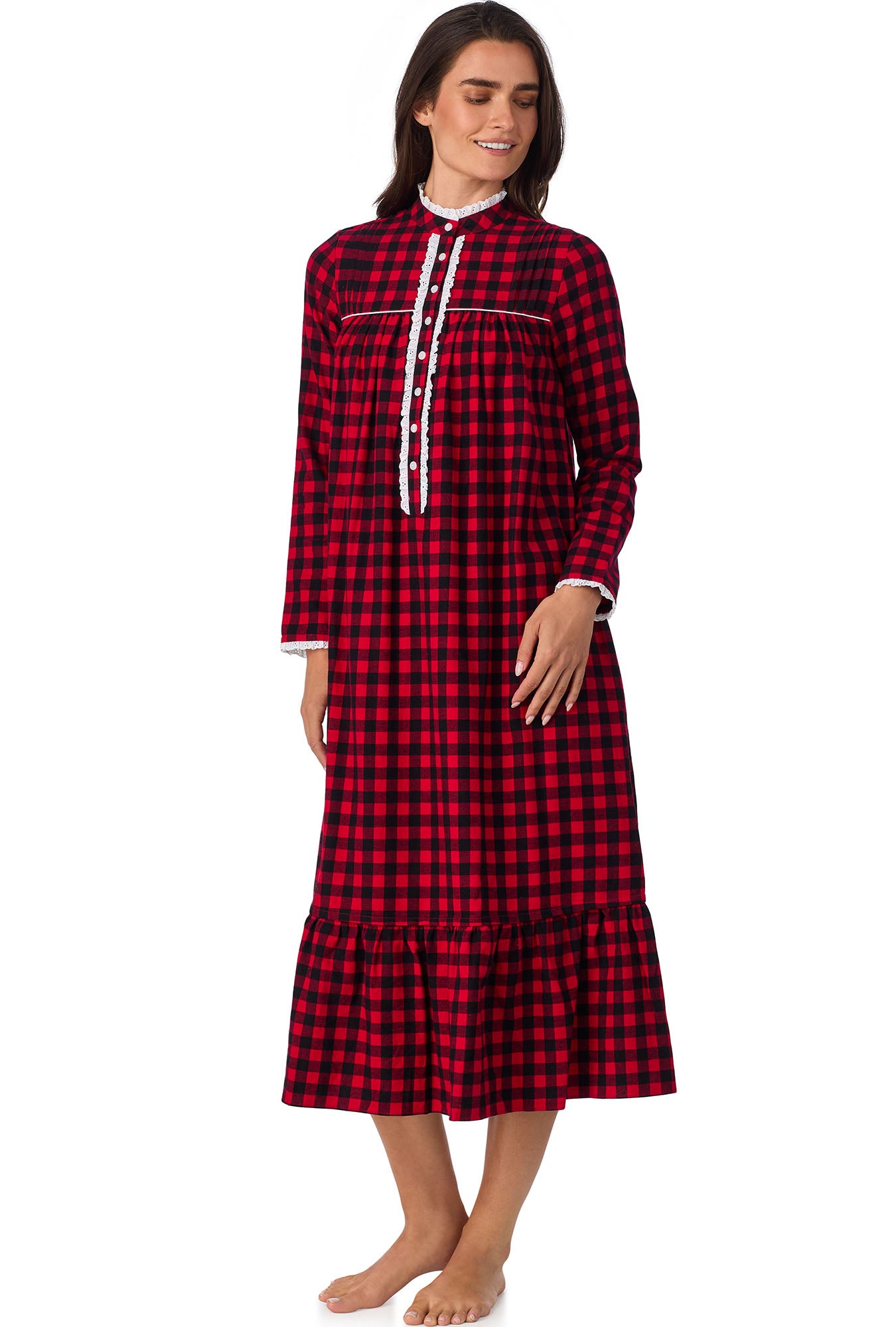 A lady wearing Buffalo Check Highneck Flannel Gown
