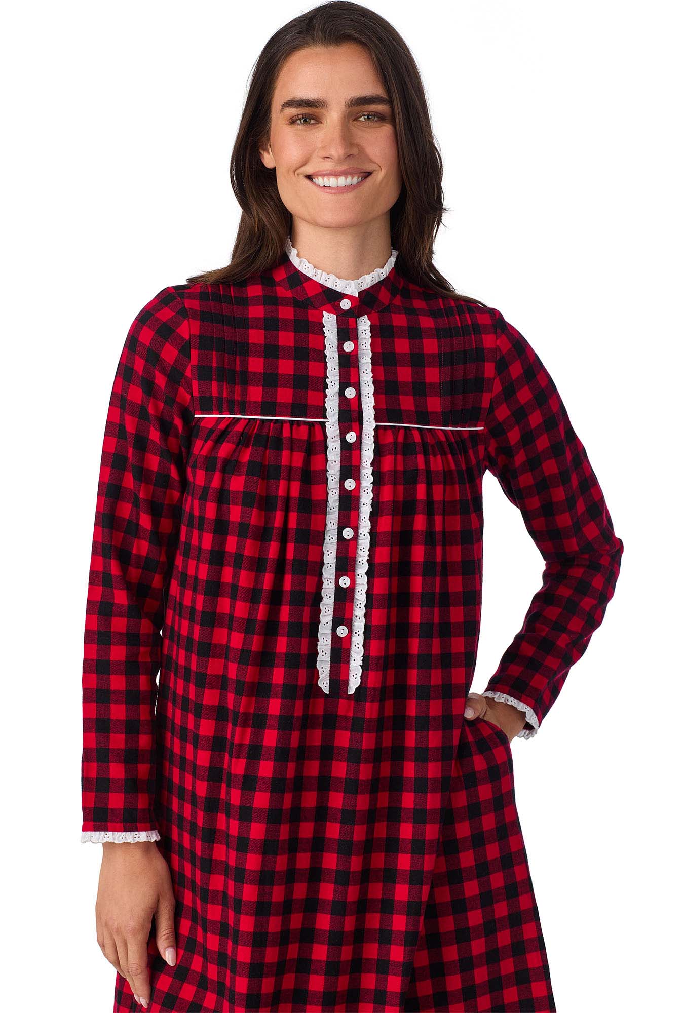A lady wearing Buffalo Check Highneck Flannel Gown