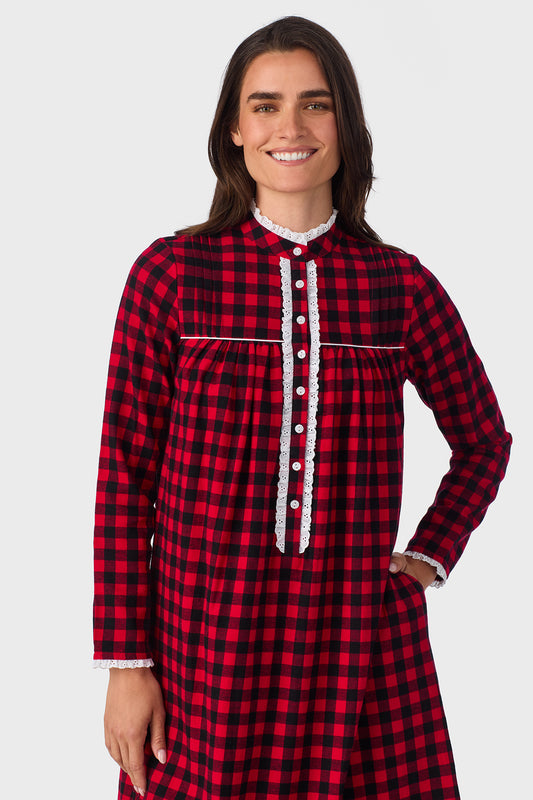 Buffalo Check 100% Cotton Brushed Flannel Highneck Long Sleeve Flannel Gown