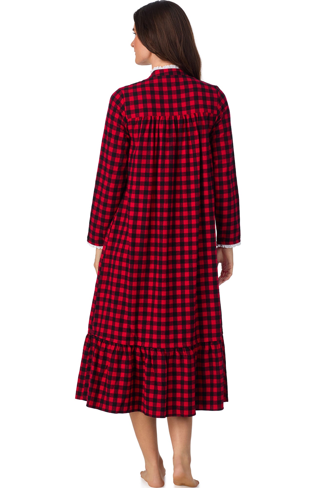 A lady wearing Buffalo Check Highneck Flannel Gown