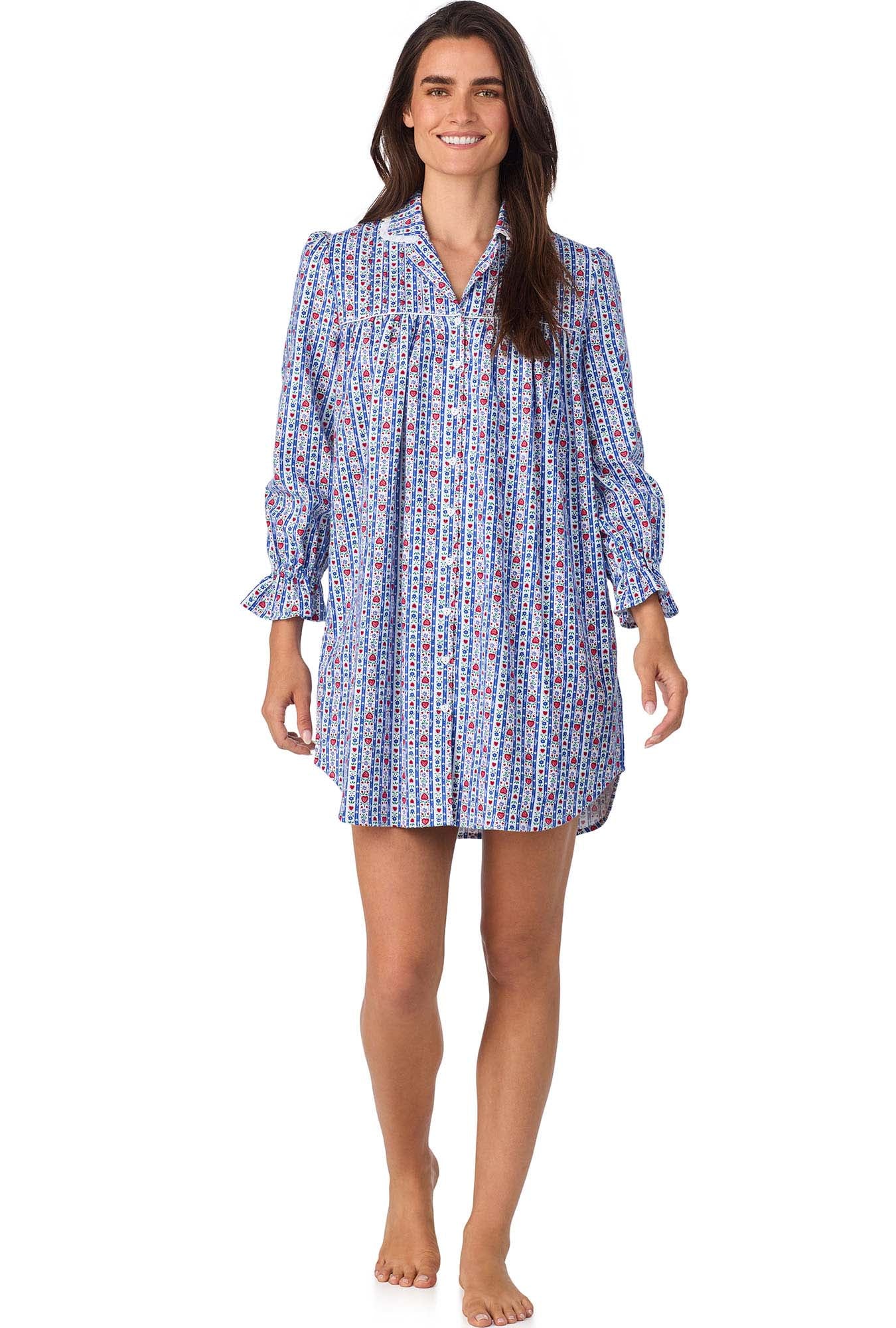 A lady wearing Classic Blue Tyrolean Stripe Flannel Nightshirt