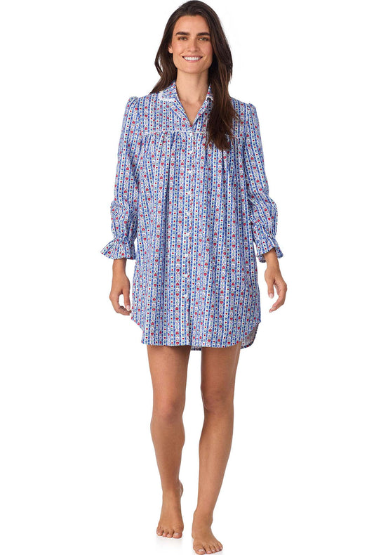 A lady wearing Classic Blue Tyrolean Stripe Flannel Nightshirt