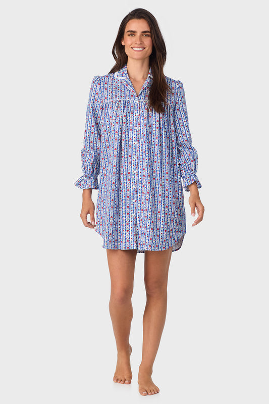 Classic Blue Tyrolean Stripe 100% Cotton Brushed Flannel Long Sleeve Nightshirt