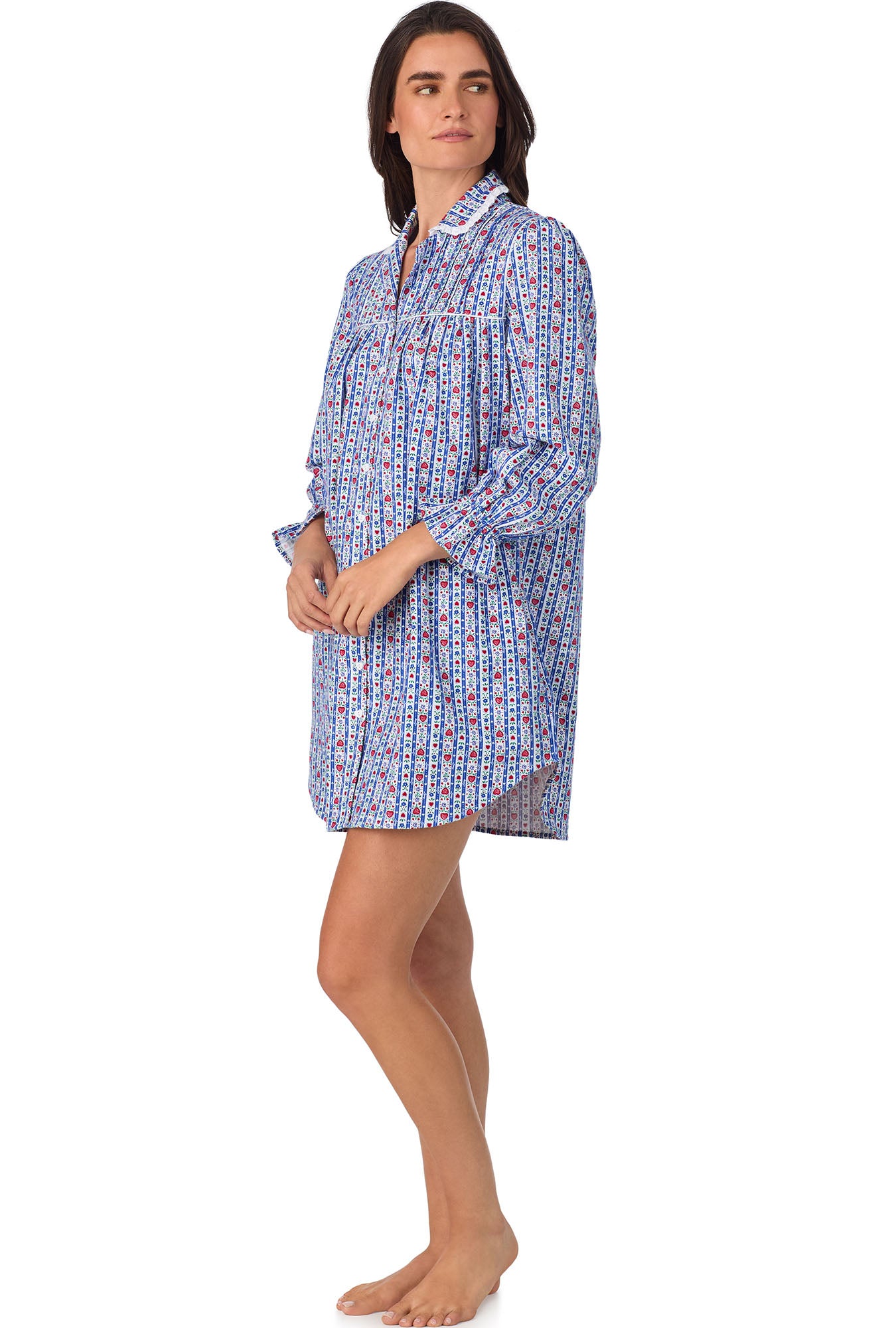 A lady wearing Classic Blue Tyrolean Stripe Flannel Nightshirt