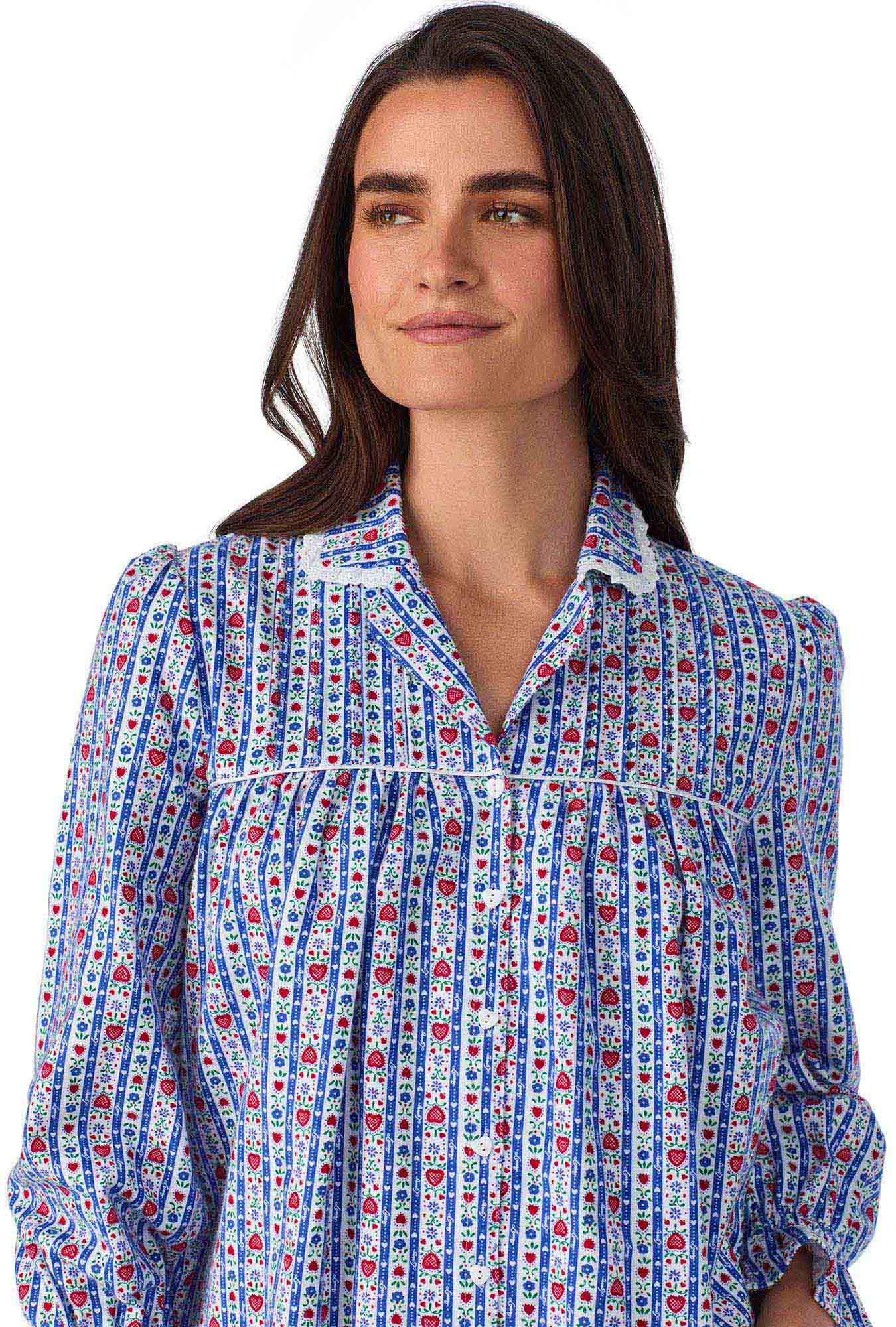 A lady wearing Classic Blue Tyrolean Stripe Flannel Nightshirt