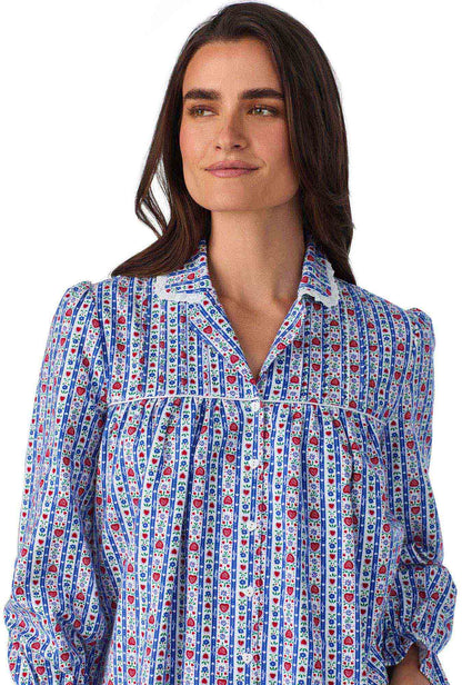A lady wearing Classic Blue Tyrolean Stripe Flannel Nightshirt