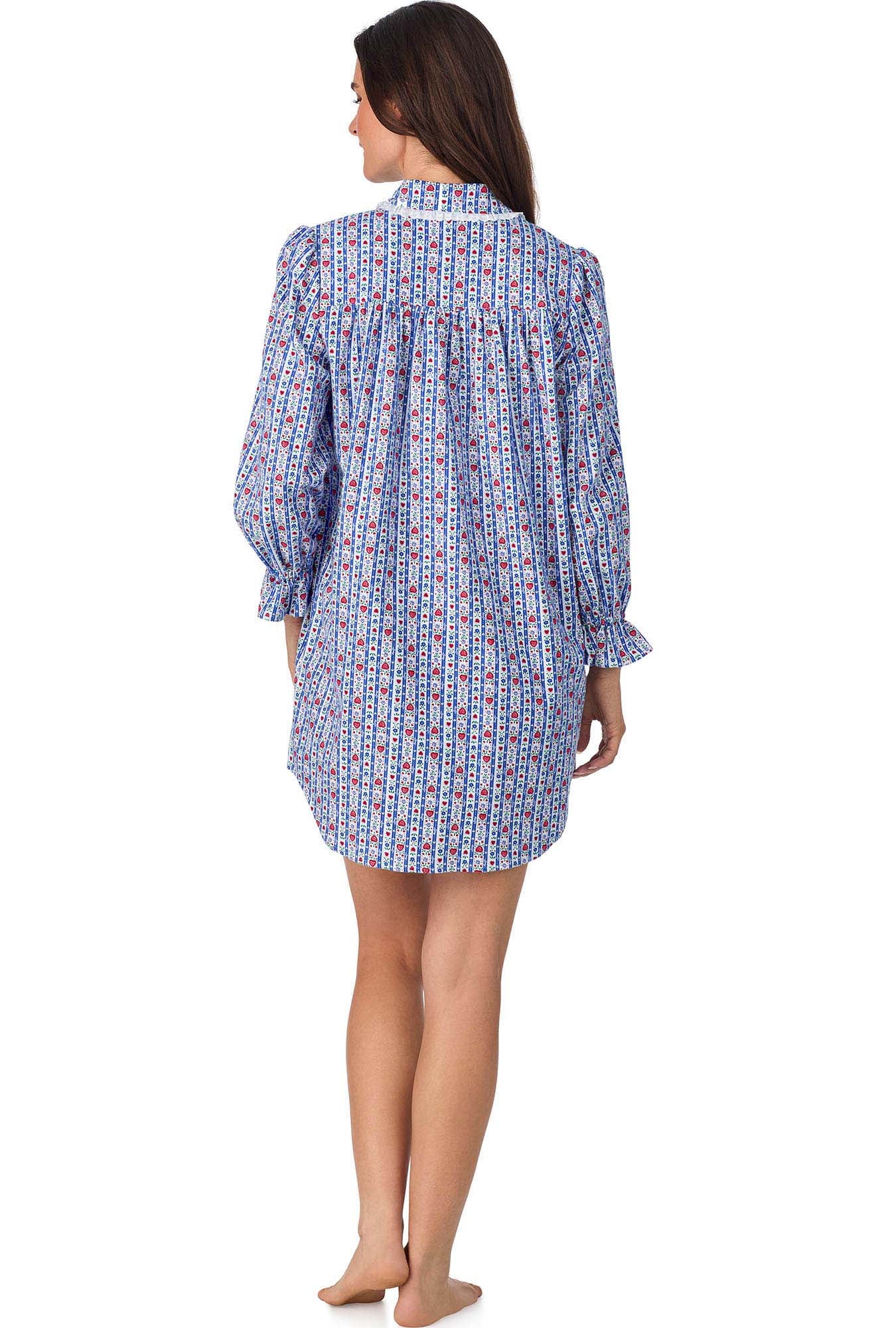 A lady wearing Classic Blue Tyrolean Stripe Flannel Nightshirt