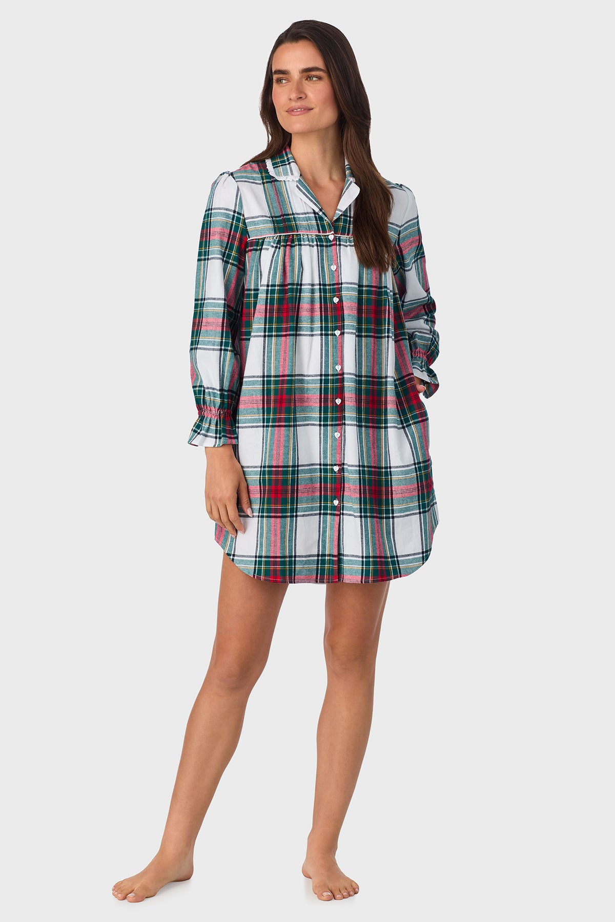 Holiday Plaid 100% Cotton Brushed Flannel Long Sleeve Nightshirt