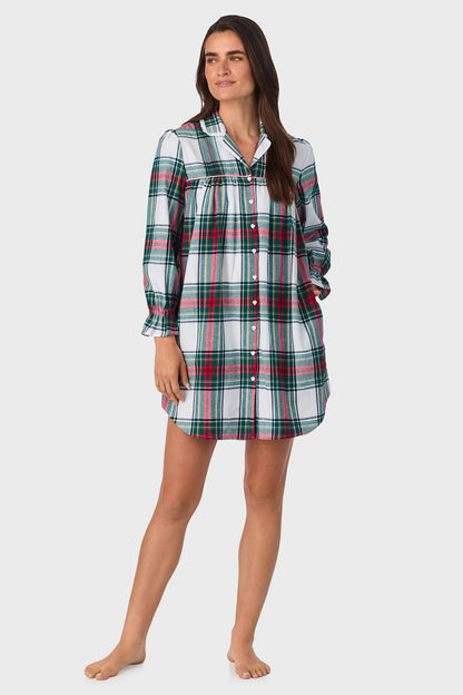 Holiday Plaid 100% Cotton Brushed Flannel Long Sleeve Nightshirt