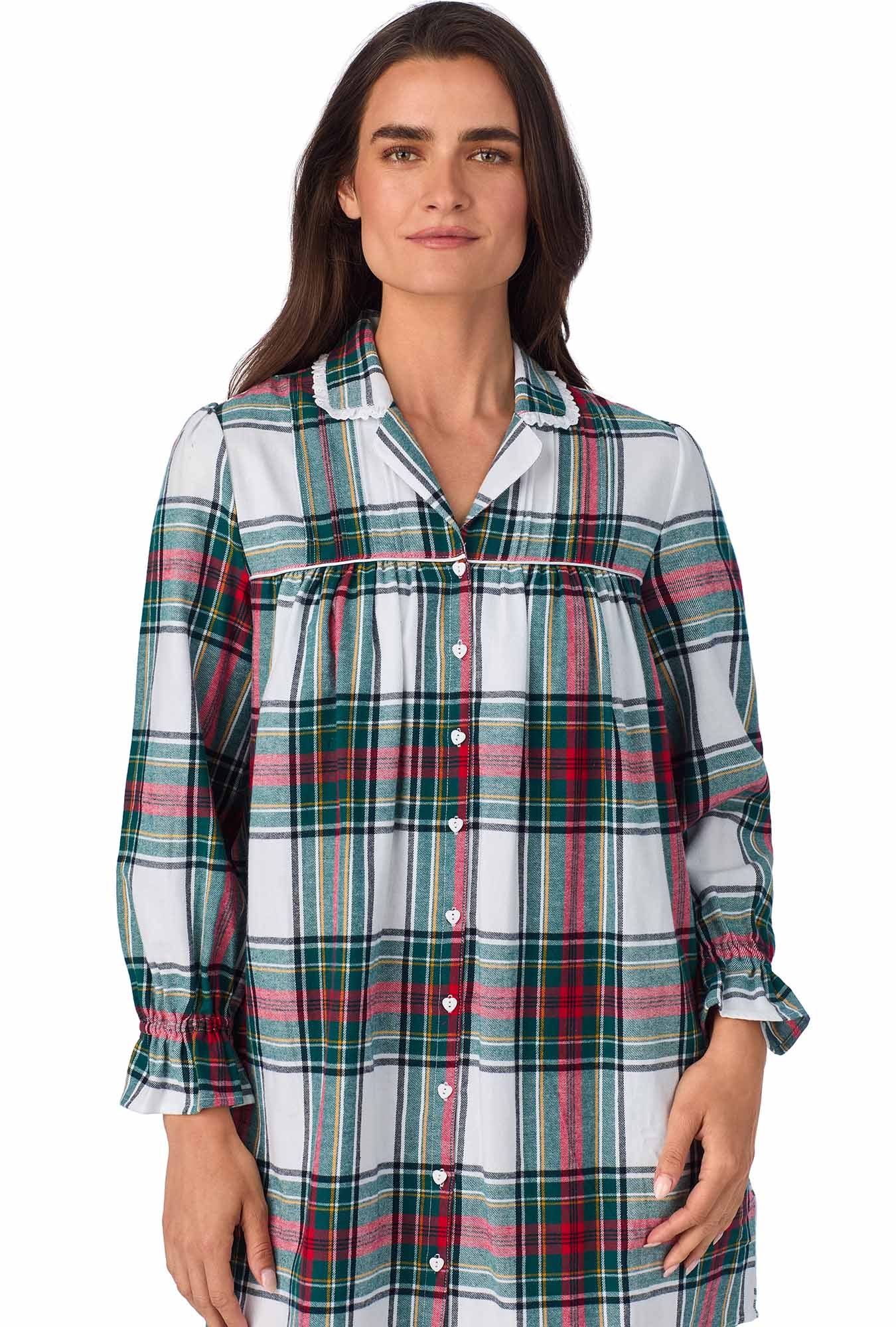 A lady wearing Holiday Plaid Flannel Nightshirt