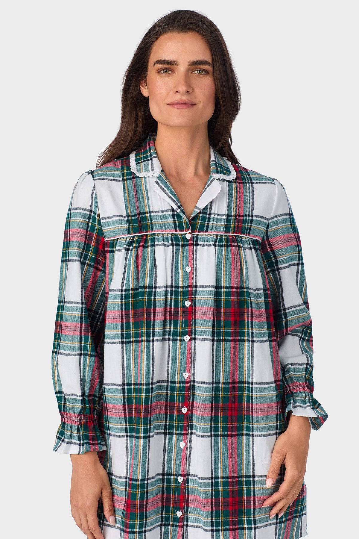 Holiday Plaid 100% Cotton Brushed Flannel Long Sleeve Nightshirt