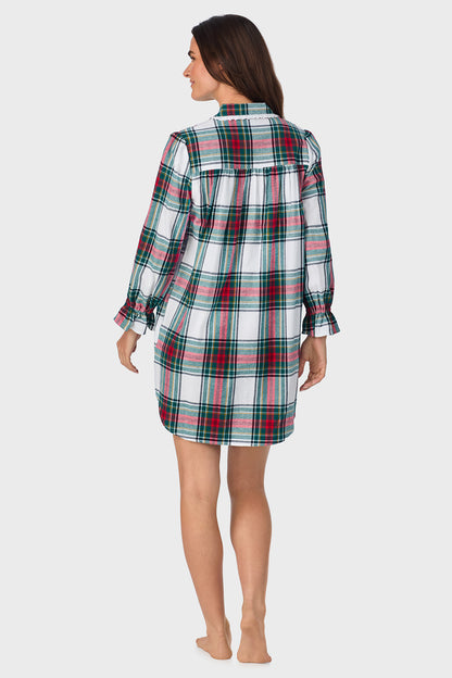 Holiday Plaid 100% Cotton Brushed Flannel Long Sleeve Nightshirt