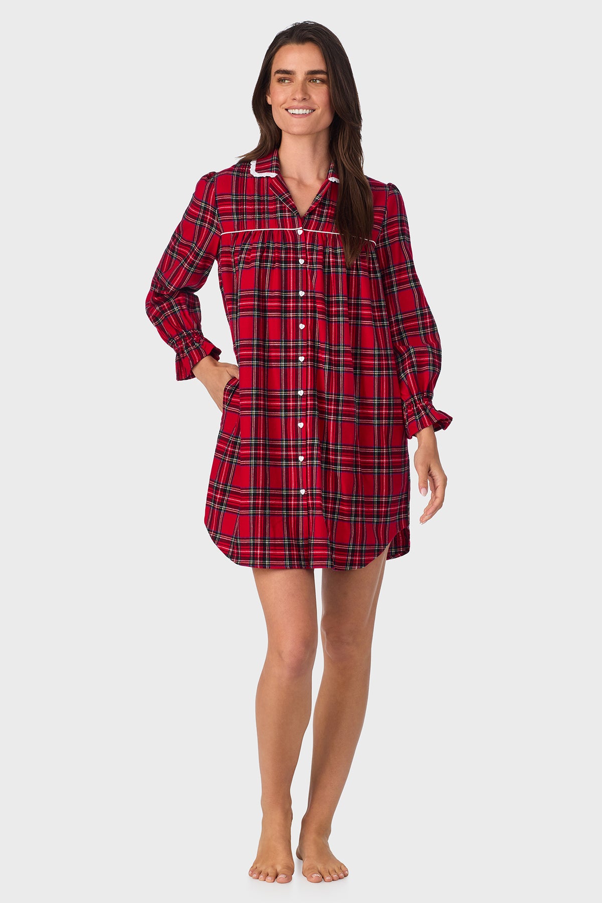 Red Tartan 100% Cotton Brushed Flannel Long Sleeve Nightshirt
