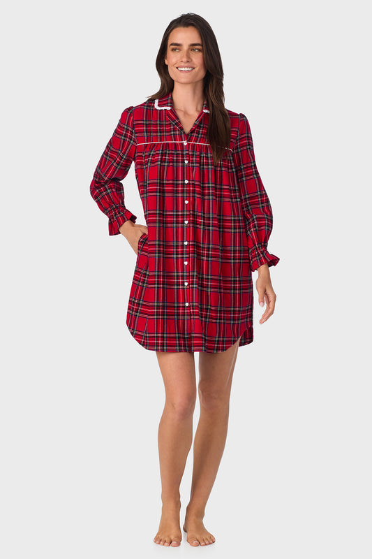 Red Tartan 100% Cotton Brushed Flannel Long Sleeve Nightshirt