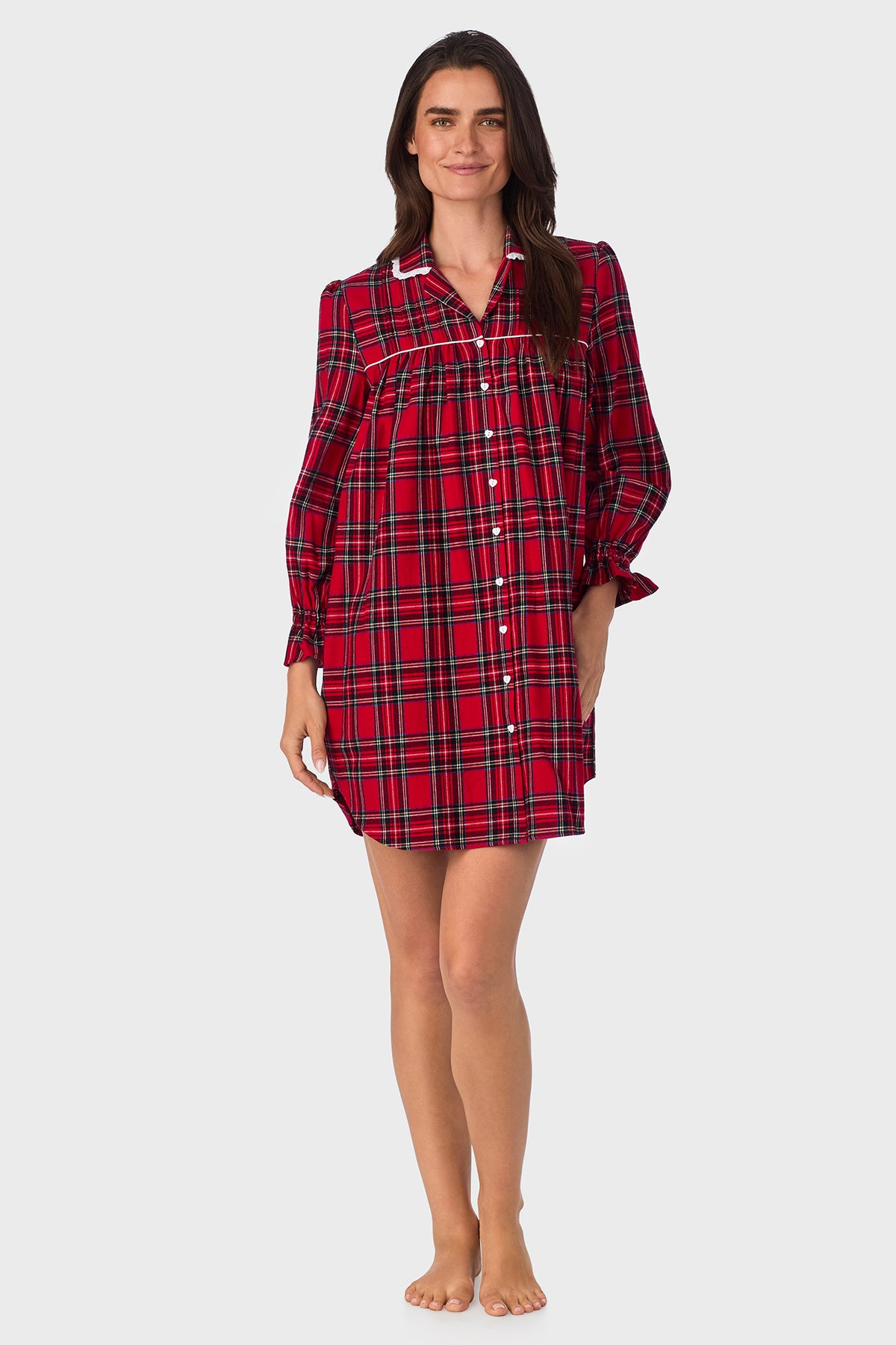 Red Tartan 100% Cotton Brushed Flannel Long Sleeve Nightshirt