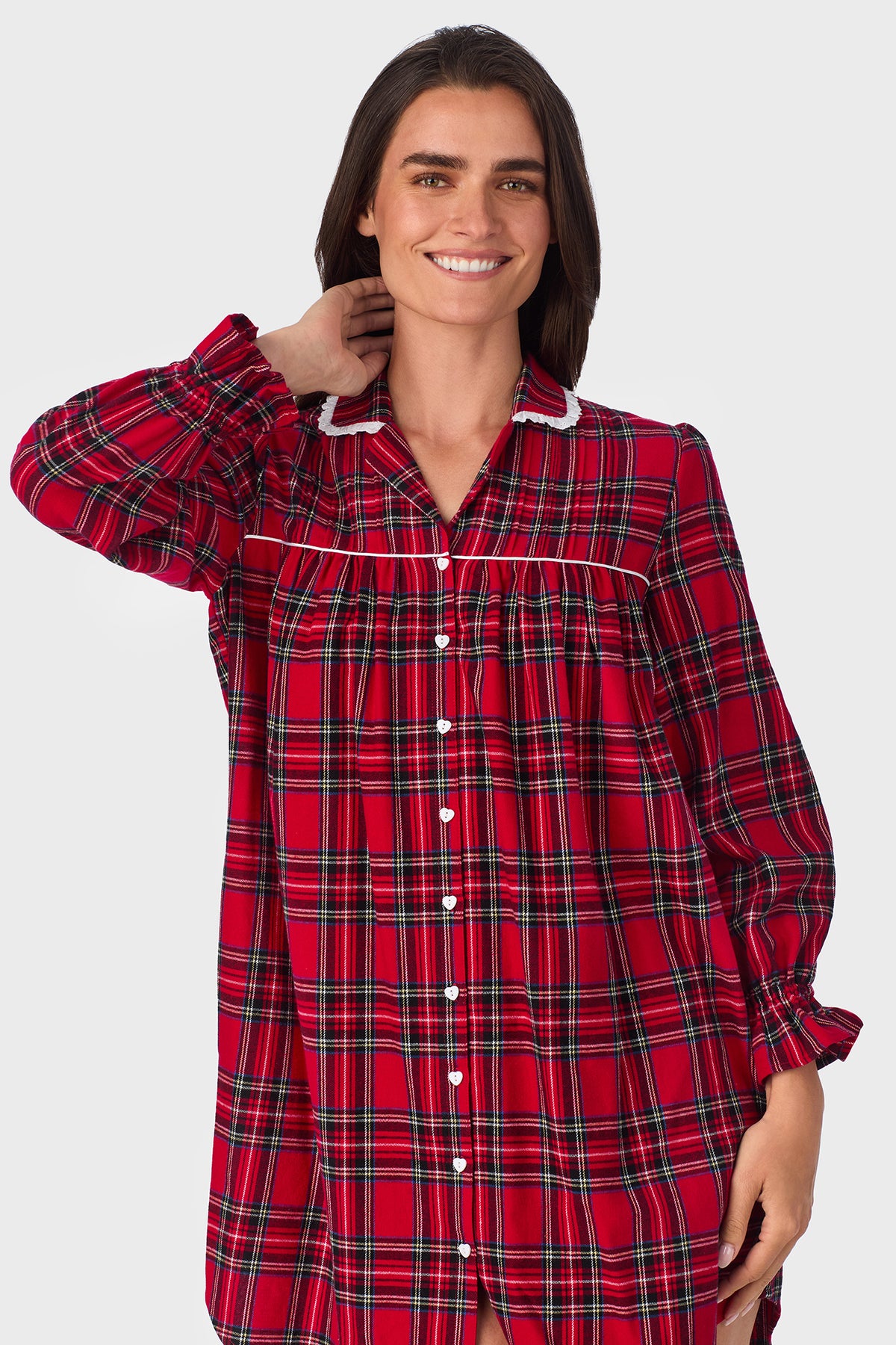 Red Tartan 100% Cotton Brushed Flannel Long Sleeve Nightshirt