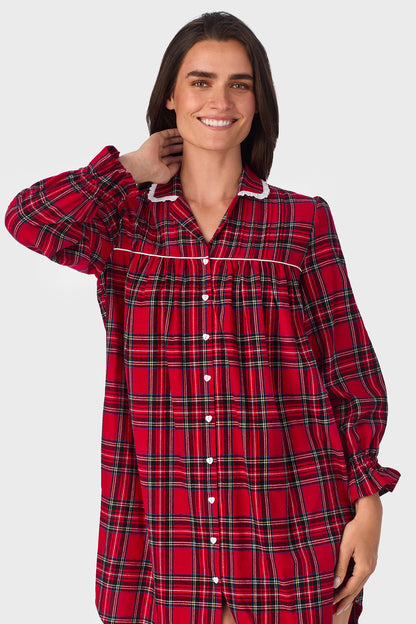 Red Tartan 100% Cotton Brushed Flannel Long Sleeve Nightshirt