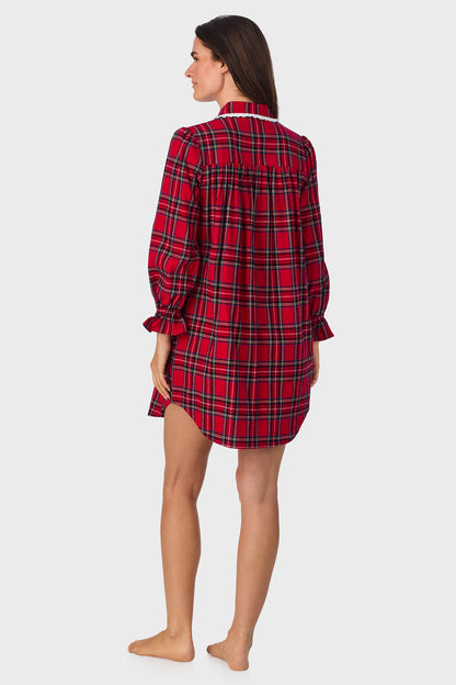 Red Tartan 100% Cotton Brushed Flannel Long Sleeve Nightshirt