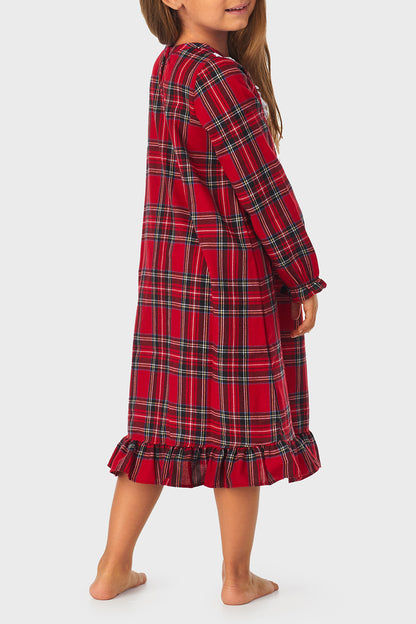Toddler & Girls Red Tartan 100% Recycled Poly Twill Long Sleeve Nightgown