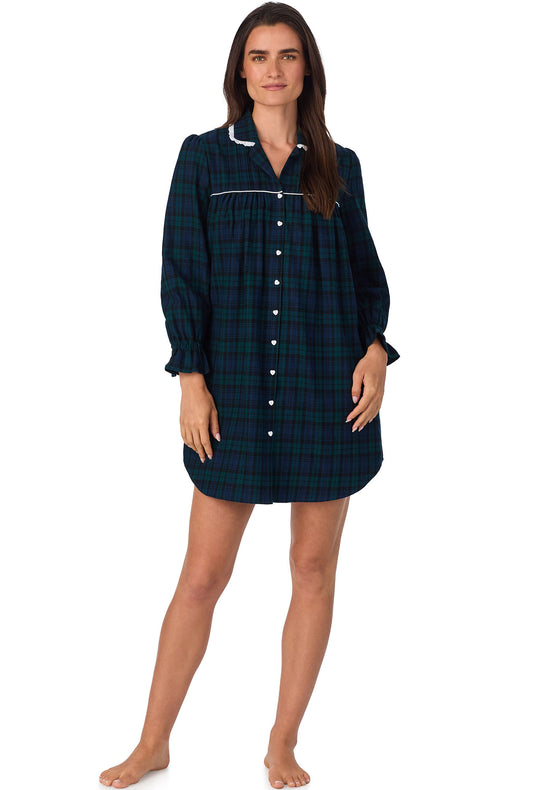 A lady wearing Black Watch Plaid Flannel Nightshirt